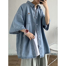 1014-1-WT531-P45-现货夏季美式短袖牛仔衬衫男，男装衬衫，星座1014-1