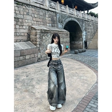 美式腰带印花复古弯刀牛仔裤高街风男女【现货】Y7096P53，男装牛仔裤，星座1112-1