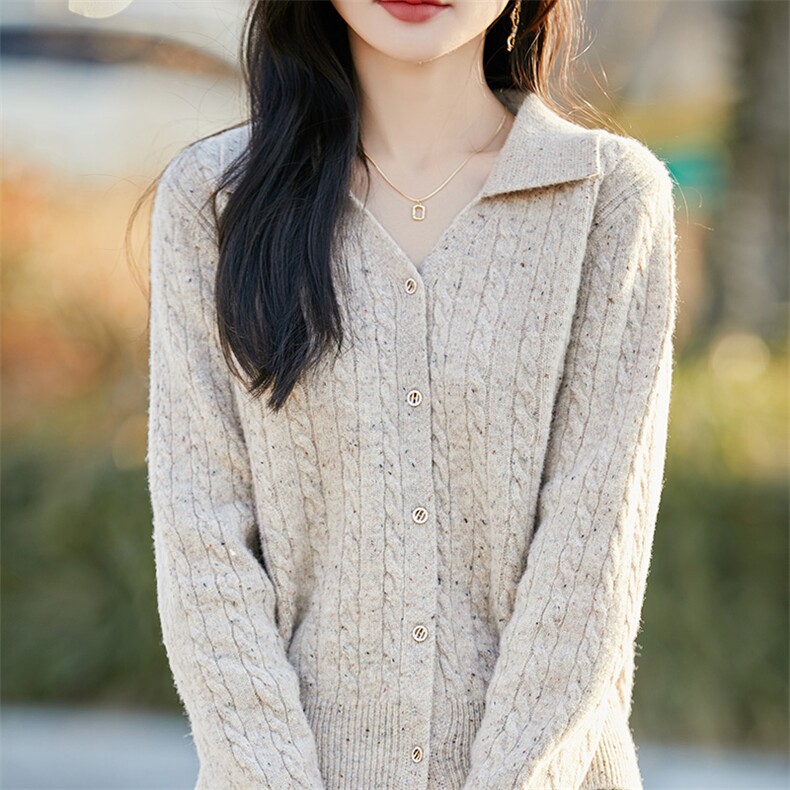 春秋100%纯羊毛开衫女翻领扭花点子纱亮丝外套宽松羊绒衫外搭毛衣图片
