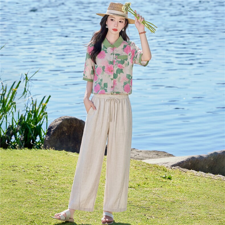 2026年夏季休闲时尚翻领印花上衣衬衫裤子套装两件套女,女装套装/套裙,依路服饰