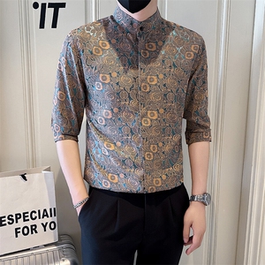 店主风社会小伙男七分袖立领提花衬衫男店主风301A-1/CS580/P55图片
