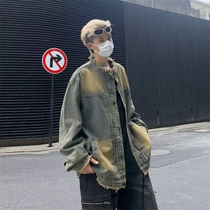 美式泥染做旧毛边牛仔外套男春秋季潮牌小众水洗宽松翻领夹克4221图片