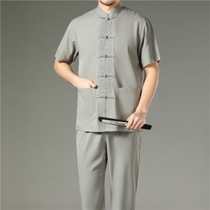 中老年唐装男风短袖套装夏季老人男装中式爷爷太极服爸爸夏装图片