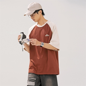 2025夏季新款男装日系潮牌纯棉拼接圆领宽松短袖休闲T恤T880-F44图片