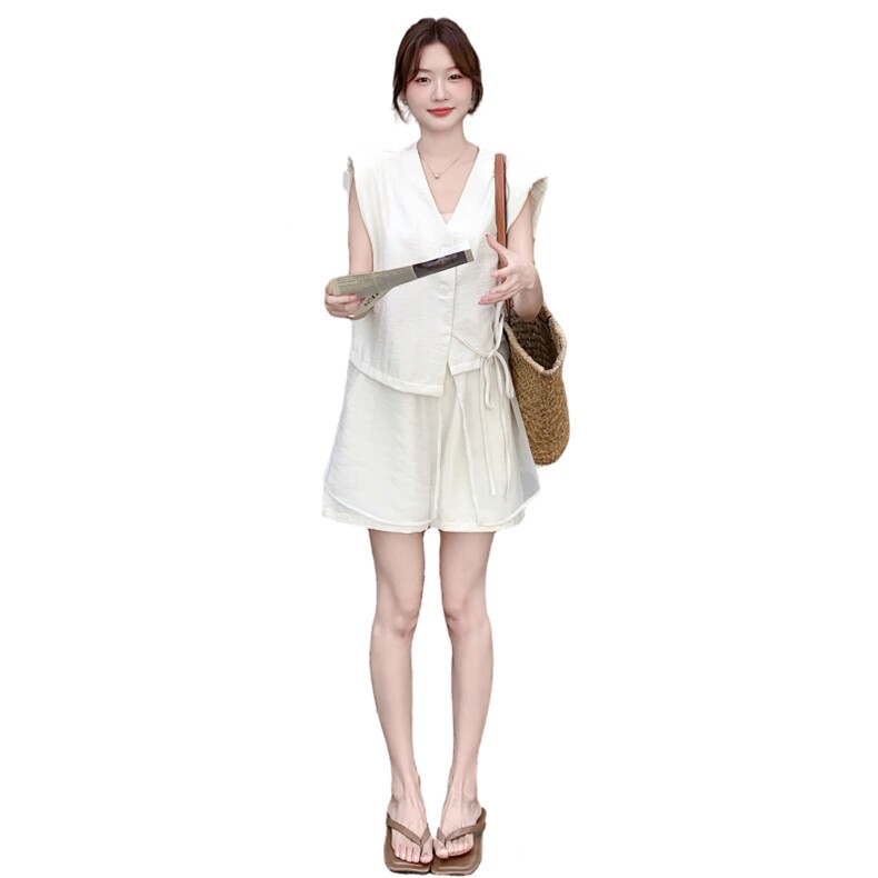 气质V领系带拼接纱无袖上衣阔腿短裤套装女2025年夏季新款两件套,女装连衣裙,2D008