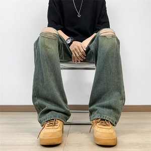 夏季新款美式高街牛仔裤男vibe设计感拉链微喇宽松直筒痞帅长裤子图片