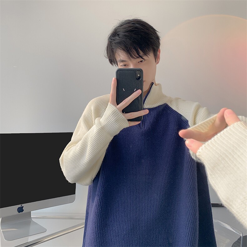 8XL-M半拉链立领毛衣外套男针织衫慵懒拼接插肩袖线衣MY19001P78图片