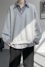 秋冬男士韩系学院风假两件卫衣宽松条纹拼接休闲上衣外套P65，女装短外套，电商B319