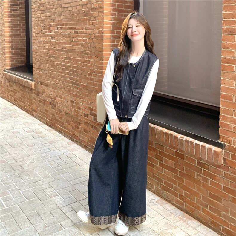 韩系休闲松弛感套装女2025秋季新款高级感仿牛仔马甲阔腿裤两件套,女装套装/套裙,2C113