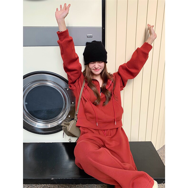韩系慵懒chic红色休闲运动套装女2025春秋新款卫衣阔腿长裤两件套,女装套装/套裙,2C317A