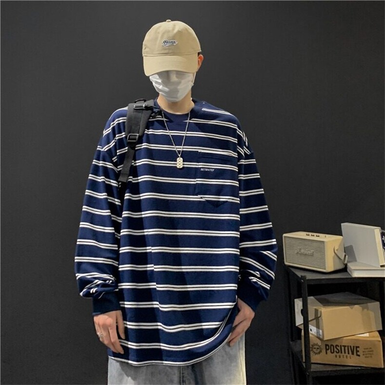 DT08-P402025新款日系复古条纹重磅圆领长袖T恤男女宽松百搭休闲,男装卫衣,星座603-2