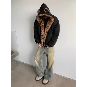 痞帅高级感垫肩豹纹棉衣外套男冬季加厚小众设计感夹克 MS413图片
