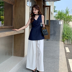 藏青色无袖衬衫上衣阔腿裤套装女夏超火流行韩系设计感两件套爆款，女装套装/套裙，浙宝276（原081）