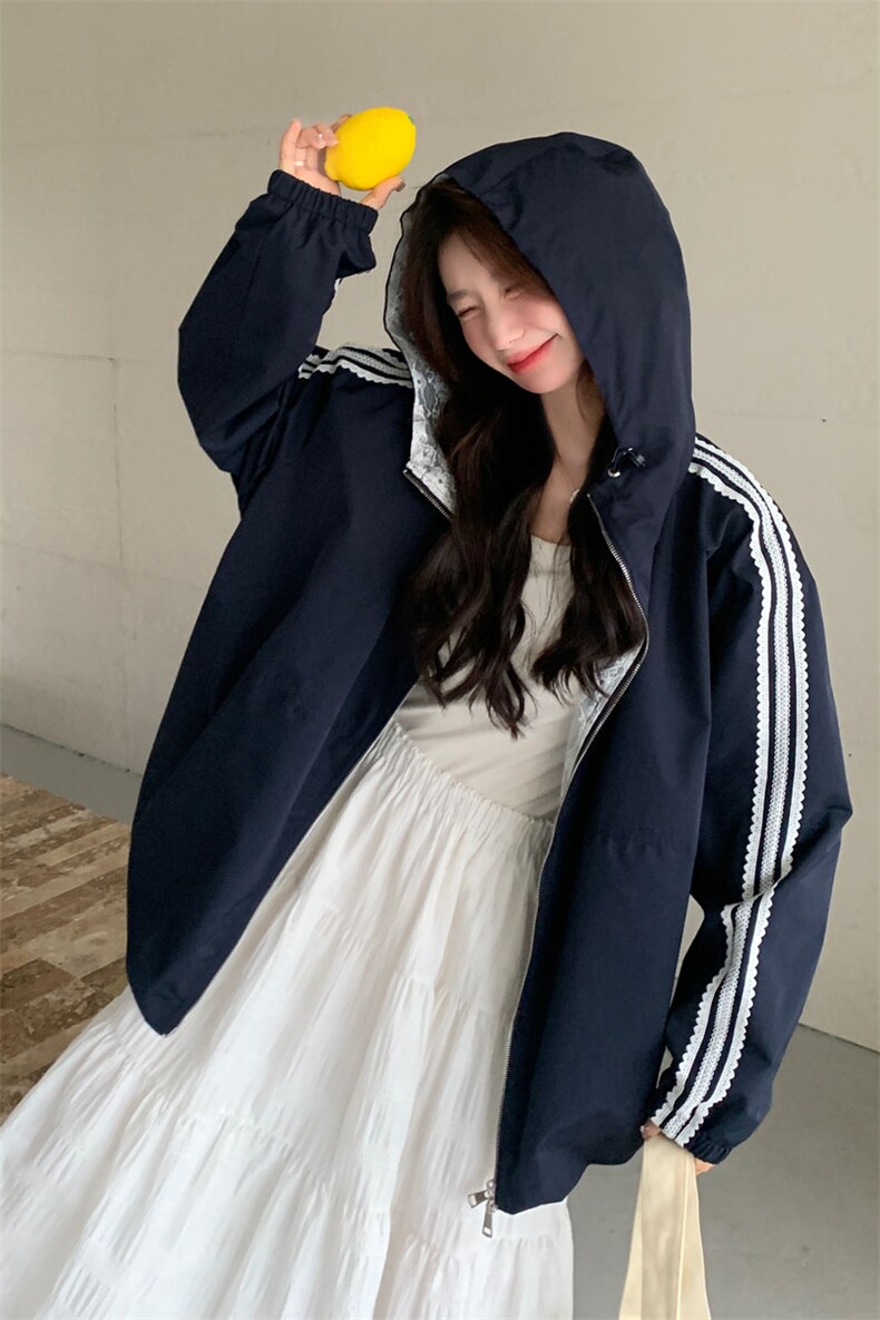 韩版设计感蕾丝花边连帽工装外套女春季2025年新款小个子夹克上衣,女装短外套,2D143