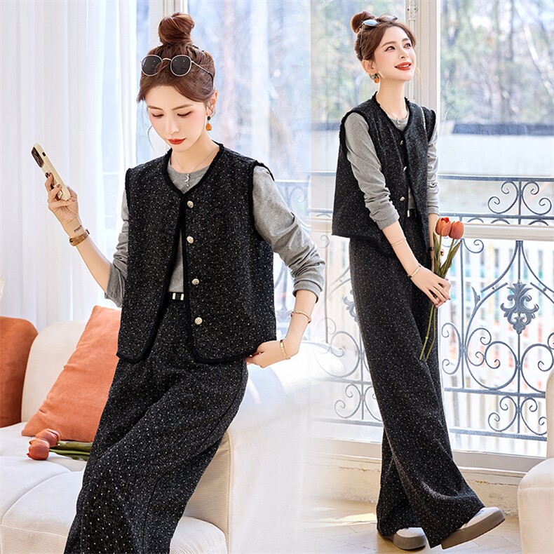 灰色波点小香风马甲套装女春2025新款小个子显瘦减龄阔腿裤三件套，女装套装/套裙，依多米