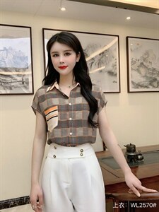 2022夏季新品女装时尚修身显瘦气质高雅格子上衣,其它,婉伦