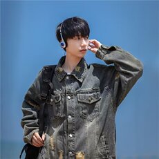 水洗做旧牛仔外套男女潮流破洞美式复古痞帅休闲夹克HGW6605p52，男装工装外套，星座1112-1