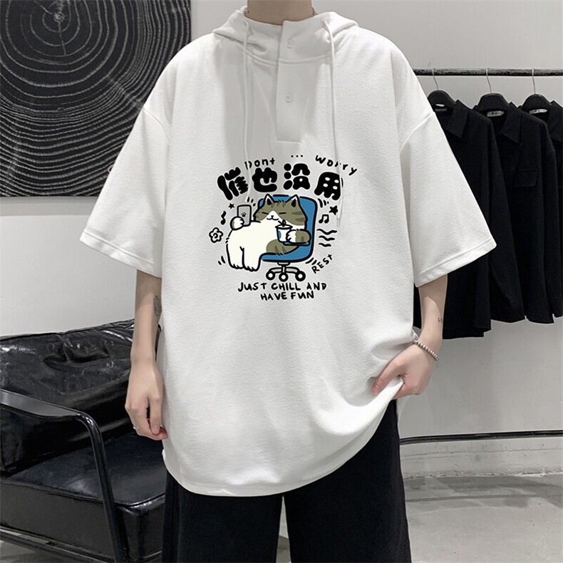 LD54403-P45NASA 连帽短袖t恤男大码胖子带帽五分袖中袖图片