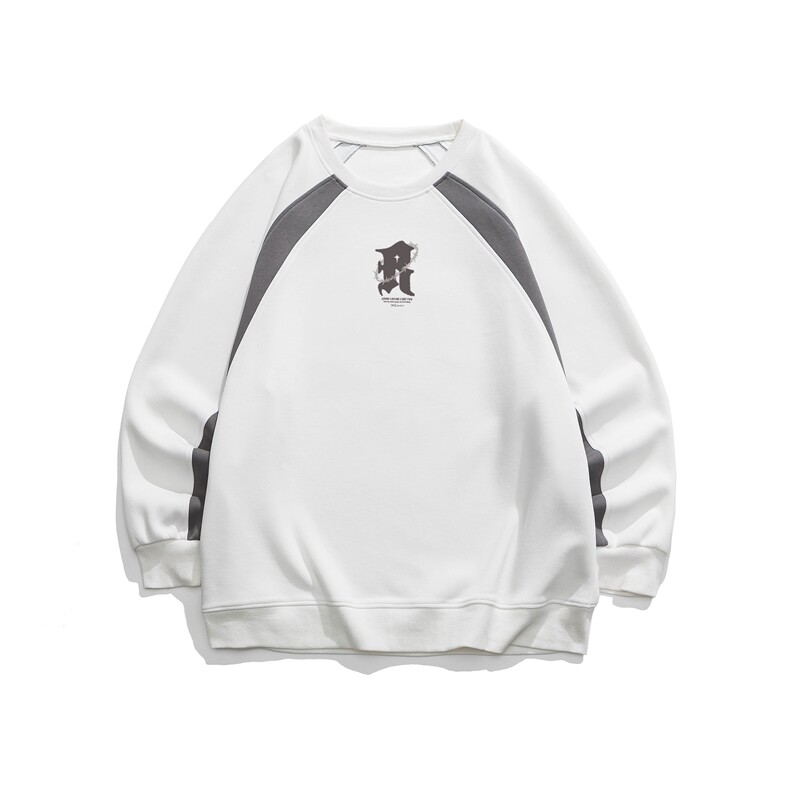 白底平铺春装新款宽松圆领插肩袖拼色情侣卫衣B802P55控78,男装卫衣,电商A247-1