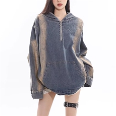 2057-P68微瑕美式春秋季复古慵懒风半拉链牛仔时尚套头上衣，男装T恤，电商B323A
