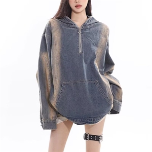 2057-P68 微瑕美式春秋季复古慵懒风半拉链牛仔时尚套头上衣图片