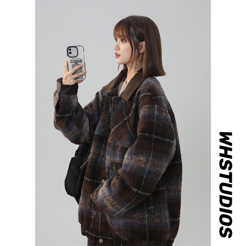 现货 秋冬新款加厚格子翻领夹克PU拼接 225-610-P100 控158图片