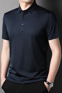 新款透气男装中年翻领带扣Polo衫上衣商务休闲男装纯色半袖P540图片