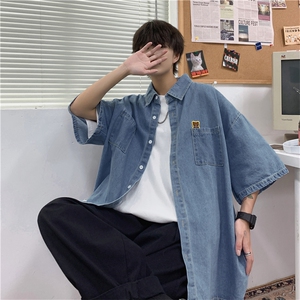 短袖牛仔衬衫男夏季美式潮牌痞帅宽松慵懒风情侣男装半袖寸衫外套图片