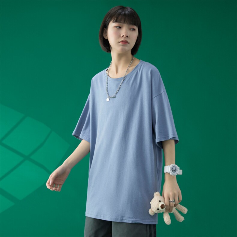 @蓝底中性风2021春夏纯棉短袖T恤男女宽松纯色半袖体恤T110特P15,男装T恤,电商B220