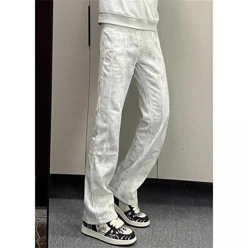 1506-1/K20971半松紧/P49脏脏扎染白色拼接牛仔裤男显瘦直筒微喇，男装牛仔裤，星座1506-1