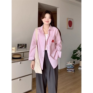 美式条纹衬衫女夏季新款小狗刺绣蓝色衬衣宽松防晒外套多巴胺上衣图片
