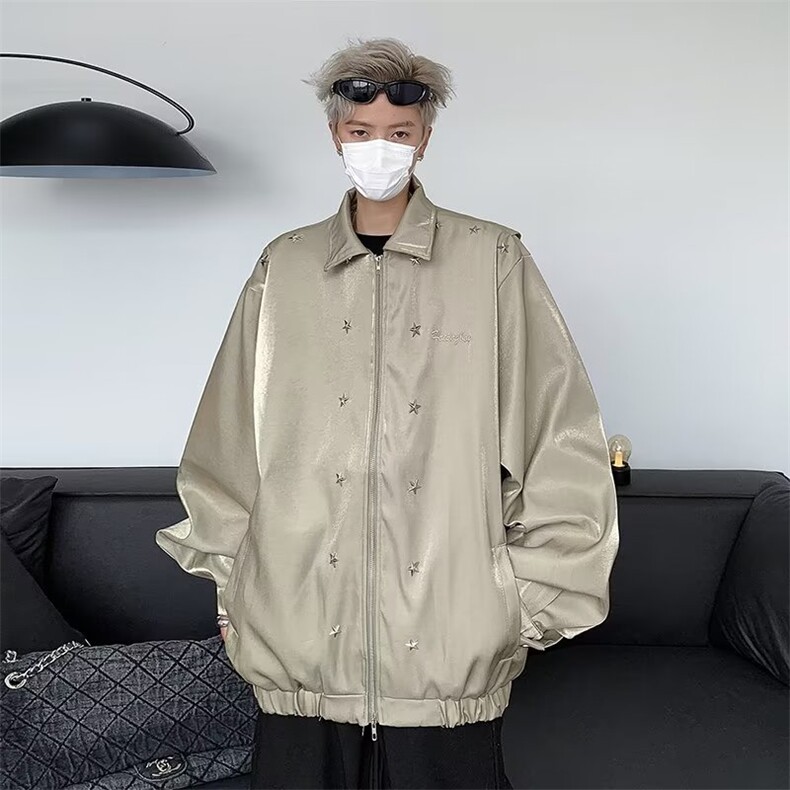 刺绣情侣夹克春秋季美式复古机车服外套男潮牌宽松设计感上衣,男装夹克,星座716-4
