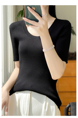 夏季新款精纺针织短袖女撞色条纹Polo领刺绣减龄T恤上衣薄款，女装T恤，九嘉羊绒