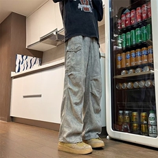 做旧脏脏休闲裤男秋季2024新款工装口袋褶皱设计感阔腿微喇裤子，男装休闲裤，星座410-6（原星座1304-1）