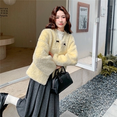 奶黄色蝴蝶结环保皮草皮毛一体外套2B1158613P175K258，女装皮草，2B115