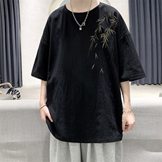 YT26382-P30亚麻短袖t恤男大码五分袖男宽松七分袖大皂风模特，男装T恤，电商A040