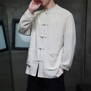 现货2025风式大码中式茶服纯色亚麻立领长袖衬衫T626-P75控98图片