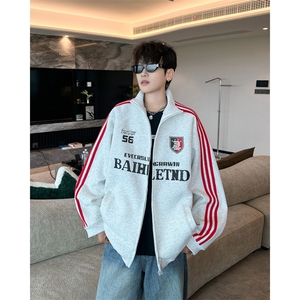 2024新款美式拉链条纹开衫外套宽松运动夹克潮青年现货 W8431-P44图片