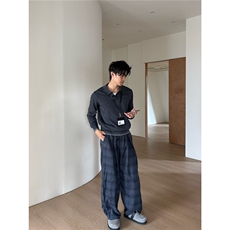 气质原宿慵懒磨毛呢料加厚格纹裤新款百搭ins潮流文艺日系时尚，男装休闲裤，星座506A