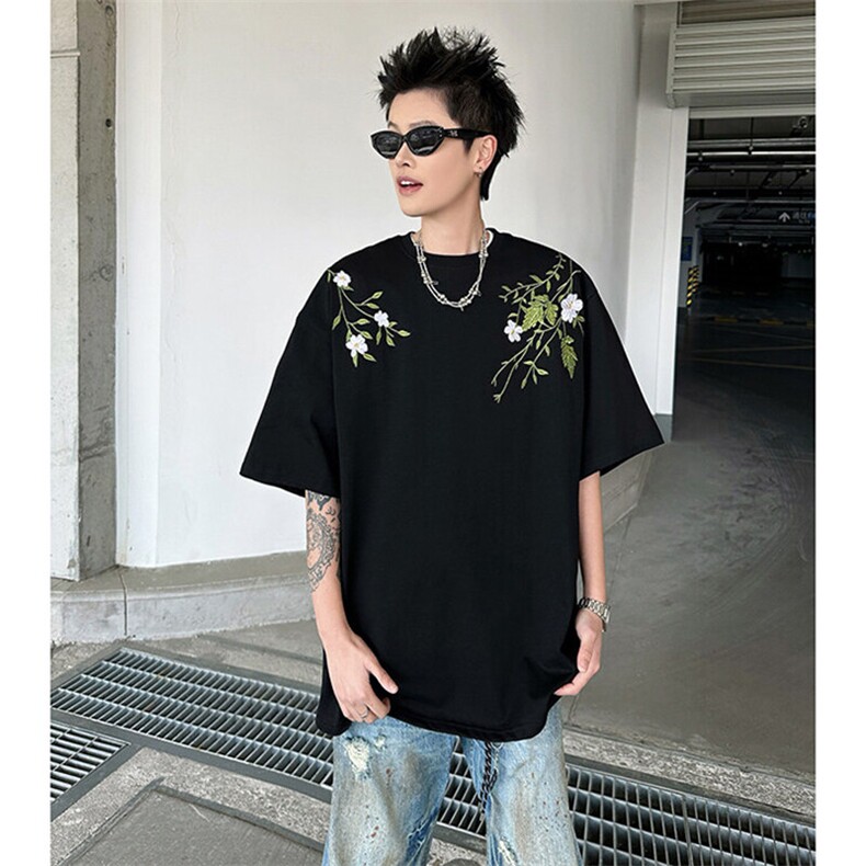 万针全刺绣工艺抖音得物高品质260克重磅纯棉双纱美式高街短袖T恤,男装T恤,电商A486