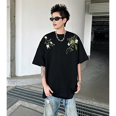万针全刺绣工艺抖音得物高品质260克重磅纯棉双纱美式高街短袖T恤，男装T恤，电商A486