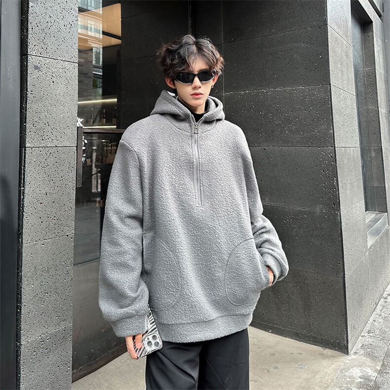 羊羔毛呢连帽卫衣垫肩秋冬高领拉链设计潮牌外套871P88，女装短外套，电商A458A