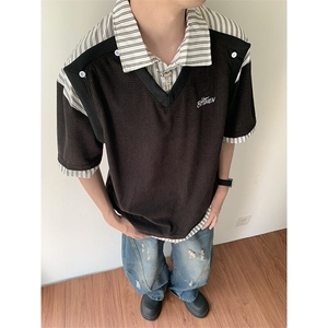 夏季男款假两件条纹衬衣领短袖拼接衬衫T恤时尚潮牌短T图片