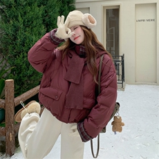 现货新款韩版宽松立领撞色格子袖口羽绒服短款外套面包服，女装羽绒服，网红馆