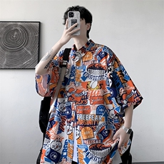 夏季冰丝新款男士宽松港风卡通满印短袖T恤衬衫A071-C33-P38，男装T恤，电商A071