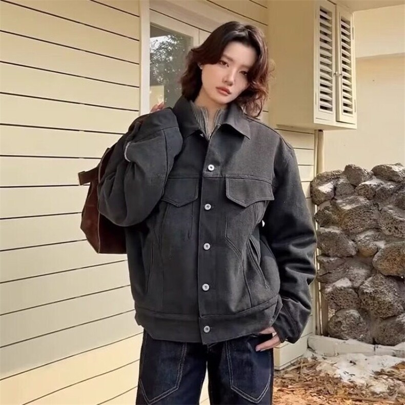 美式复古纯色短款外套女2025春季新款翻领时尚宽松休闲夹克上衣,男装夹克,星座506A