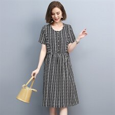 2021夏季新款简约时尚圆领拼接休闲舒适条纹连衣裙图片