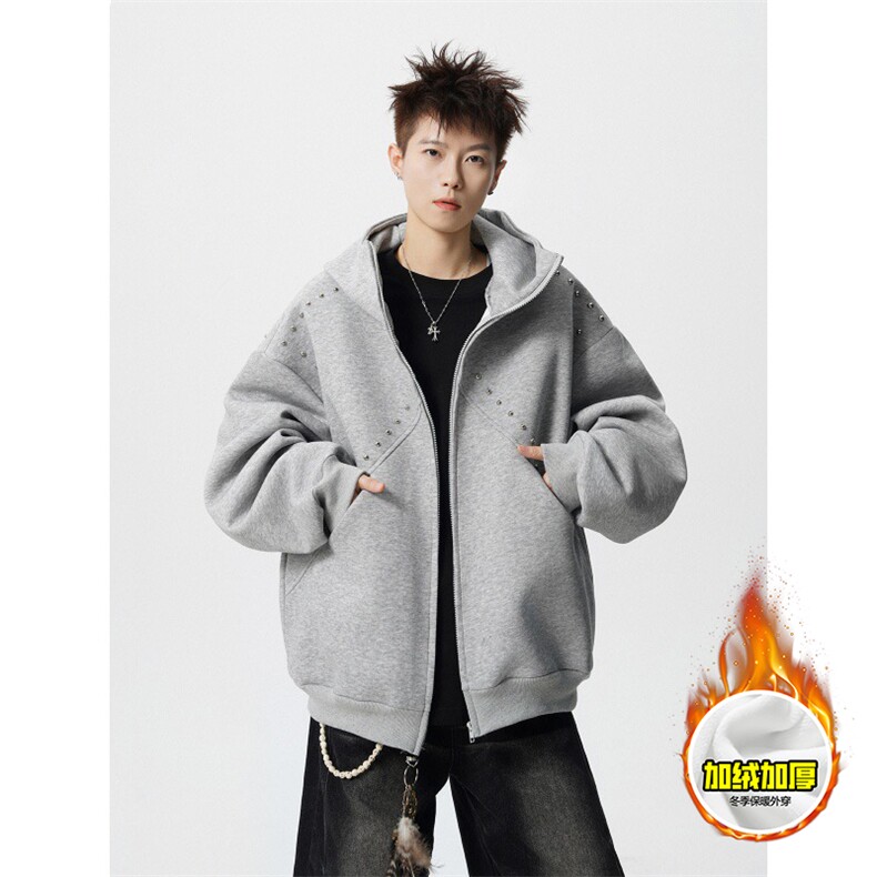 480G重磅加绒硬挺boxy男女秋冬美式高街卫衣铆钉拼接开衫厚外套，女装短外套，电商A486