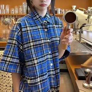格子短袖衬衫男夏季上衣服情侣半袖衬衣美式宽松外套CS53图片