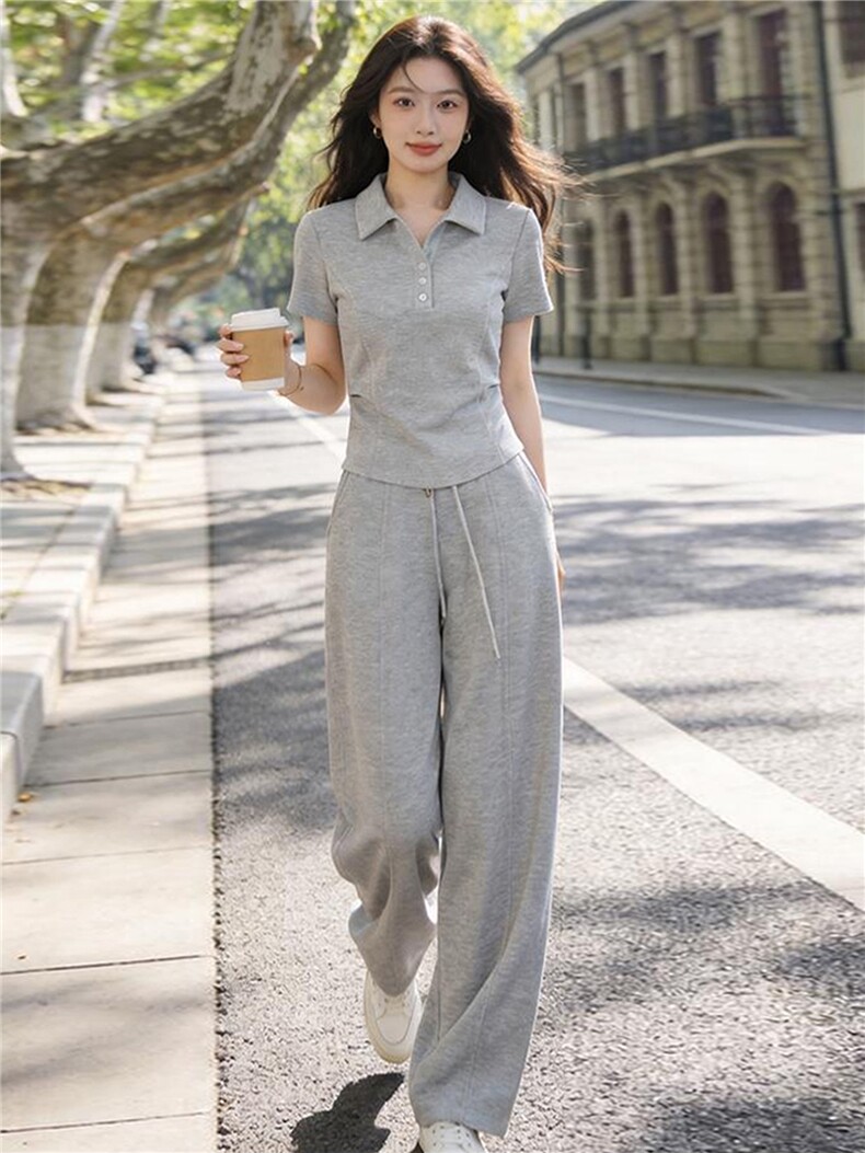 女夏季新款时尚休闲套装修身显瘦翻领纽扣短袖上衣阔腿长裤两件套,女装套装/套裙,江南